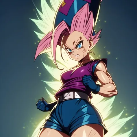 dbsuper style, 
Petite Girl, green aura, super saiyan aura, belt, purple colored hair, huge long hair, bruise, bruise on face, clenched hands, frown, Mage's hat, gloves, blue eyes, grey gloves, evil grin, medium breasts, petite, soft muscles, solo, spiked ...