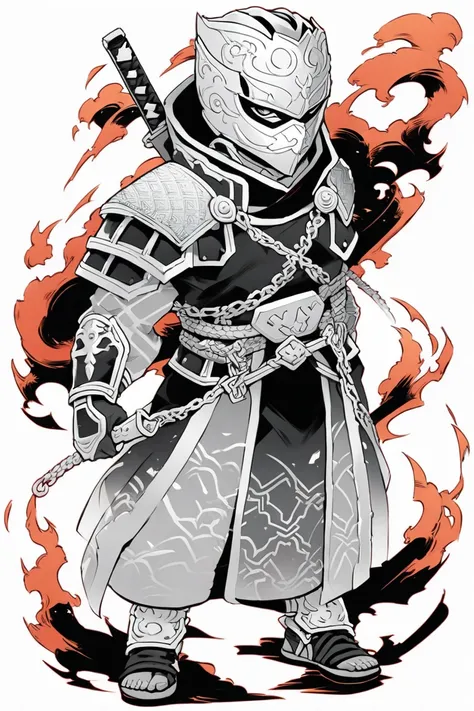  Cyberpunk Ninja Action Novel。solo ninja 。((white background illustration ))。(( full body illustration))。(( Standing))。Ninja mask with brass on the chain。black and white fire pattern costume。Put on chain armor over a costume。The leading inheritor of ancien...