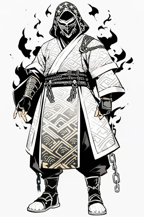  Cyberpunk Ninja Action Novel。solo ninja 。((white background illustration ))。(( full body illustration))。(( Standing))。Ninja mask with brass on the chain。black and white fire pattern costume。Put on chain armor over a costume。The leading inheritor of ancien...