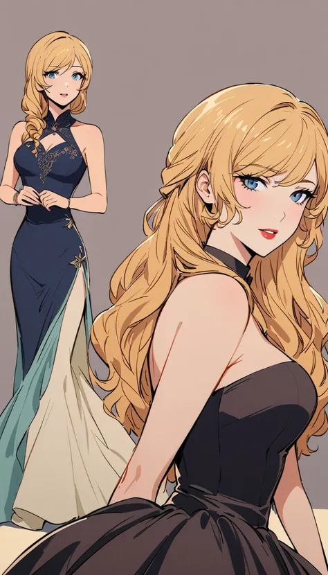 vintage movie, girl, wavy blonde hair, woman body, black, bodycon dress, beaded, winter prom
, winter ball, yang xiao long from rwby, winter