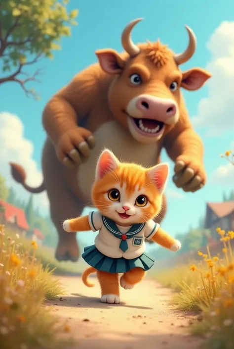 kitten (kitten cat orange, cute, dressedschool uniform), chased by huge monster cow