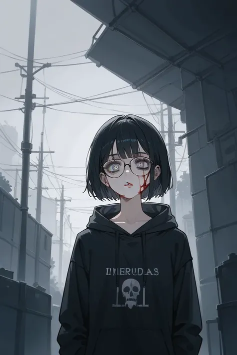 ( masterpiece), ( the best quality), ( high quality), animated, school, 1 girl,  goth girl, blood, (Depressed Look ),  squinting eyes ,  detailed eyes,  medias negras largas ,  dark hair,  straight hair,   small glasses  , hoodie,  detailed,  the best qual...