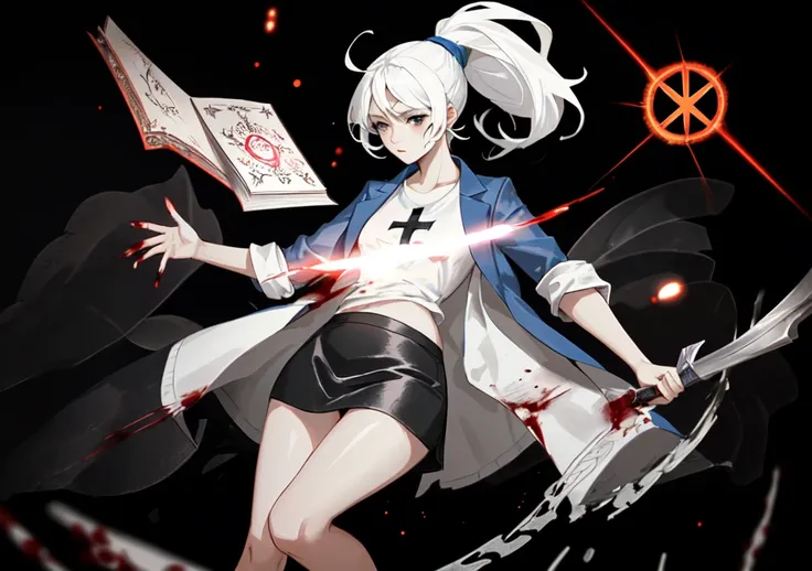 1 girl, Ropa Maga ,  ponytail ,  white hair,  black eyes , magic circle, fuego azul,  blue flames,  wallpaper, landscape, blood, blood splatter,  Depth of field ,  night,  light particles ,  rays of light ,  side lighting ,  thighs,  Open Jacket, skirt,  h...