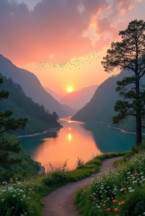 
 A scenic view peaceful nature at sunset .  The setting sun behind distant mountains ,  creating a brilliant orange sky , pink and purple .  At the foot of the mountain is a crystal clear lake ,  reflects light from the sky like a giant mirror.  Surroundi...