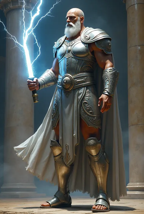 Zeus holds a lightning bolt, skinny, silver armor, ancient greek, sandals, slightly bald, receding hairlines