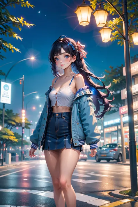 adorable woman, standing posed on parking lots, under the tree with flowers, many lamps equipped on tree, BREAK, (black hair, long straight hair, blue checkered hair ribbon), BREAK, ((blue-white checkered denim jacket, bare shoulder), ( black camisole), de...