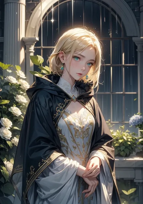  highest quality。 detailed depiction of up to the front door。Old Castle Greenhouse 。 Handsome and Cool Adult Man 、(( one adult man))。 short hair、((male short hair)), (( Light Blonde ))。 cool and impressive appearance 。((green eyes like a forest))。Sharp imp...