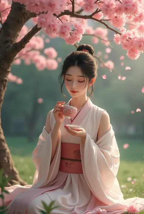 Asian woman drinking winged sake from a cherry tree 