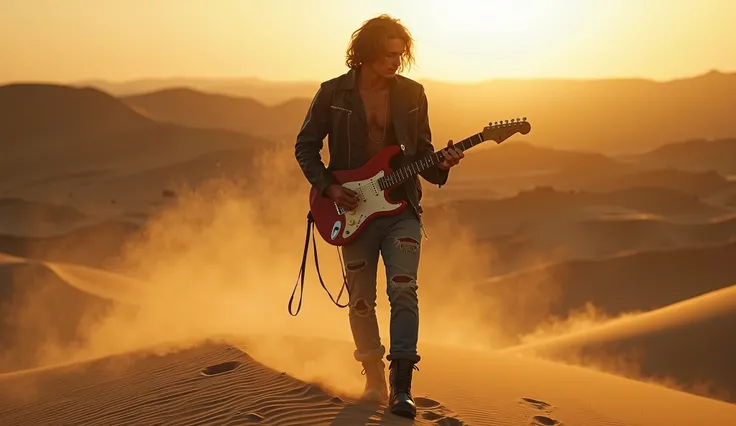 A captivating and cinematic photo of a cool young man playing an electric guitar in the middle of a vast desert. He stands confidently, dressed in a classic rockstar outfit—leather jacket, ripped jeans, and worn-out boots—exuding the soulful energy of slow...