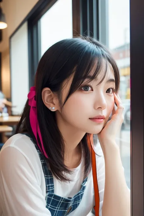  A beautiful Japanese woman with bright hair is looking out of a large window in a cafe。 bigger eyes、Gesture with horizontal hair hanging over her ears 