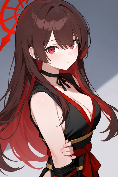 1 girl, Hair length reaches the back, Brown hair and red hair on the edges of the hair, red eyes, but not bright, wear a sexy samurai outfit, หน้าอกไซส์ปานกลาง, have a red halo