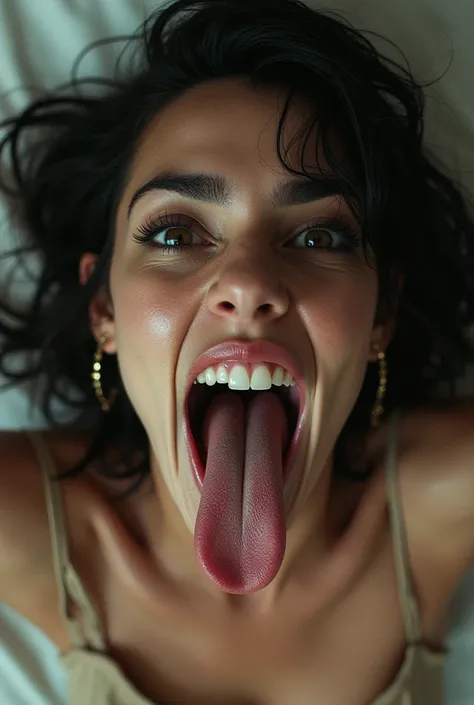 Beautiful ,  with tongue out ,  open-mouthed ,  From above , a (latina:1.3)  Woman, disgusting,