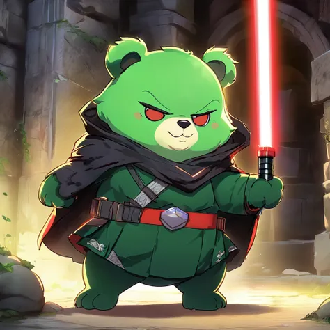 chibi,solo, masterpiece,best quality, fumo, anthro, kemono, male, solo, ((round face, very plump face)), ((endomorph body type, old-aged)), (Sith lord uniform), ((green bear, bear) fluffy fur, fluffy), (at old ruin, dungeons), bokeh, (high quality, highres...