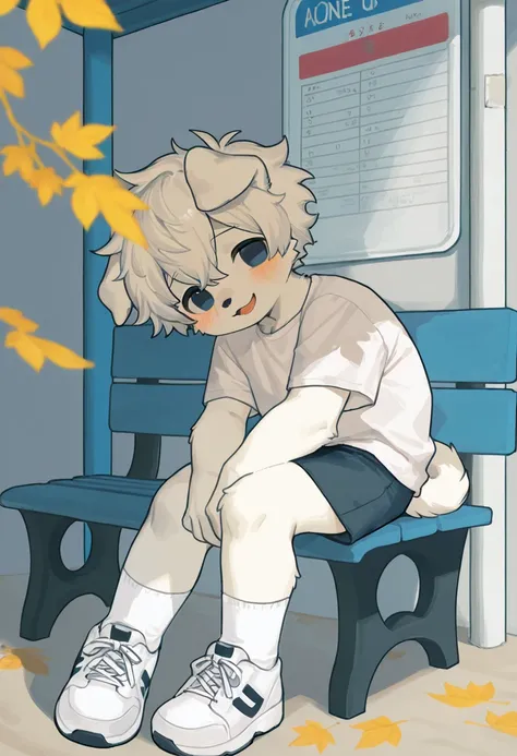 source_ furry， furry male，elementary school students，((boy  )),Dog boy  ,short hair,masterpiece, newest,absurdres, incredibly absurdres， from the side, bright eyes, detailed eyes,short hair,  messy hair, blush,  laugh, head tilt，White Socks， sneakers, uppe...