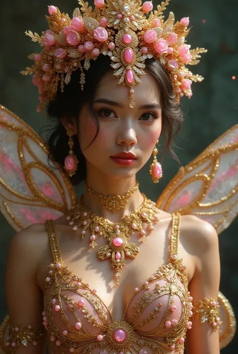 Sexy woman dressed in gold gold jewelry and pink jewels all over her body on her head super sexy pink dress and fairy wings