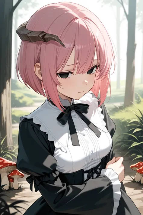  Masterpiece,  highest quality,   great quality ,  very aesthetic,  high resolution,  latest, hyper-detailed,  realism,  1 girl,  dusty, hairstyle is bob,  Magenta Hair ,  Lolita Outfit, Lumber arm,   mushrooms growing from her left head, Slanted Eyes , bl...