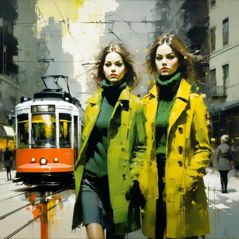 ABSTRACT PAINTING, TWO GIRLS...A SOFT YELLOW TRAM, ON THE STREET,, PLAY OF COLOR, GREEN, YELLOW, VE RED, SALMON..GRAY OCHRE AND BLACK....jeremy mann style, jeremy mann art, jeremy mann painting, alessandro pautasso art, painting of a woman, james gurney pa...