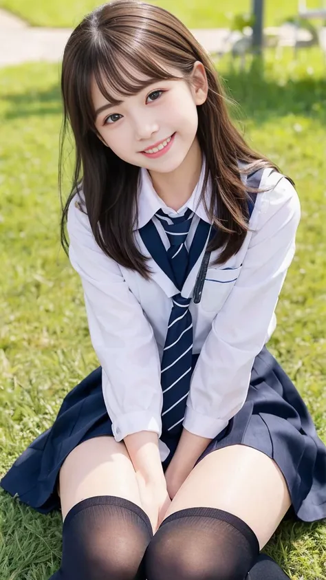 ((Full body shot))、realistic,photorealistic,super detailed,perfect shading,shiny skin,big eyes、long eyelashes、Neat and clean hairstyle、smile、open your mouth、school life,school uniform,girl,軽いsmile,schoolyard、lie face down on the grass、With a cheek cane、bla...