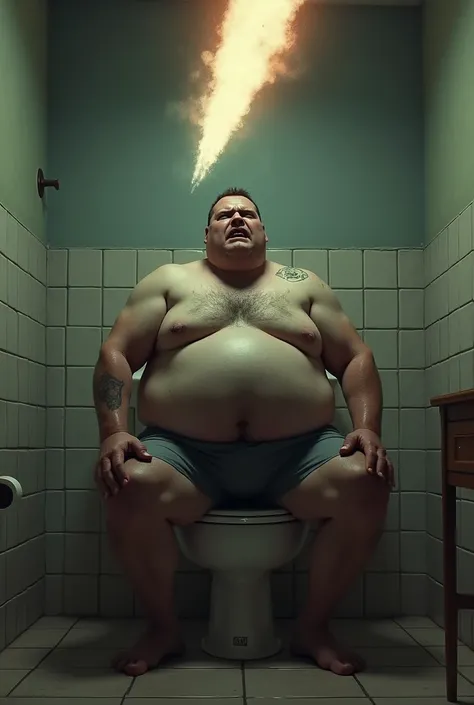 A man sitting the toilet comet her weath 200 kg like realistic