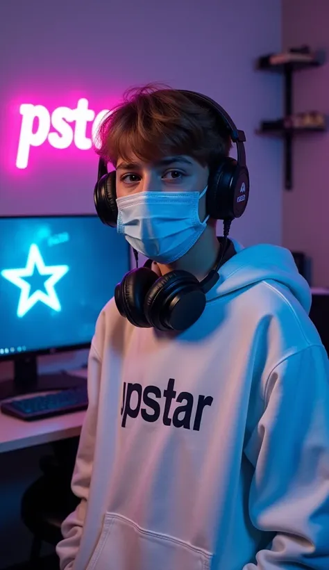 A 21-year-boy is standing in a gaming computer room with a microphone and a face mask. 
Oh, and he has gaming headphones around his neck. He is wearing a white hoodie with pstar written on it. 
Pstar is written in neon color in the background and the backg...