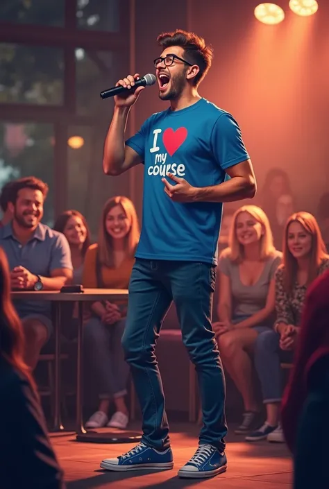 A 30 year old boy, with strong body, neither fat nor thin,  blue shirt written  "I love my course ",  wearing jeans and sneakers and eyeglasses.  Singing on the coffee stage .