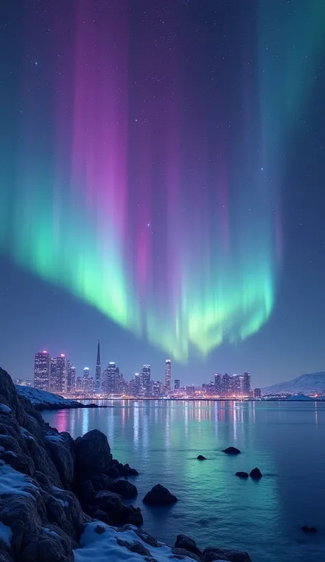  A dazzling Northern Lights dancing in the night sky ,  with vibrant shades of purple , blue and green. On the horizon,  a futuristic city with brilliant buildings and advanced technology. The scene has a quantum touch ,  with luminous particles floating i...