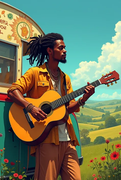 A young Rastaman of white skin color with a guitar and a caravan and 4 ren drawing 