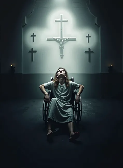 A dark, eerie movie poster featuring a young man sitting in a wheelchair, dressed in a pale hospital gown. His hair is unkempt, and he gazes upward with a haunting, otherworldly expression. The dimly lit room is filled with crosses on the walls, some of th...