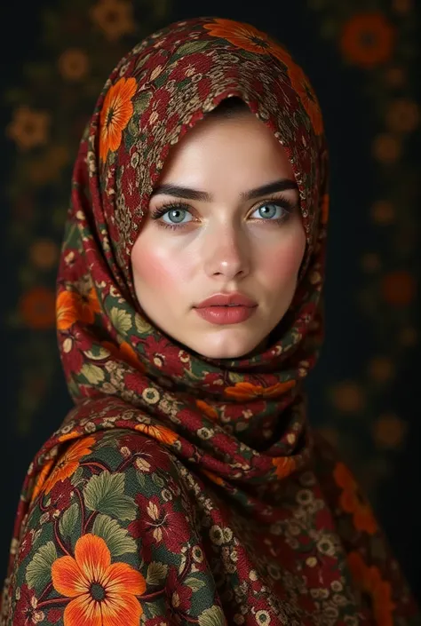 This is a beautifully composed portrait of a young woman wearing a richly patterned headscarf and outfit. The fabric features intricate floral embroidery in vibrant shades of red, orange, gold, and green, set against a dark background. The detailed embroid...