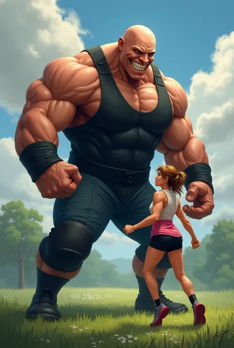  giant man, muscular and bald man smiling in a black wrestling vest fighting a terrified woman in a white vest,  pink t-shirt and black shorts on a field.