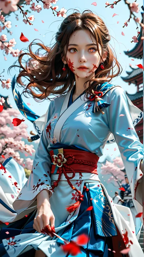 High Resolution, Masterpiece, Best Quality,  Nordic princess, holding a bloody Kitana, splattered by blood, bloodsoaked, red with blood, long brown auburn hair, straight flowing hair, hazel eyes, blood splattered on face and clothing, bloody, black tight d...