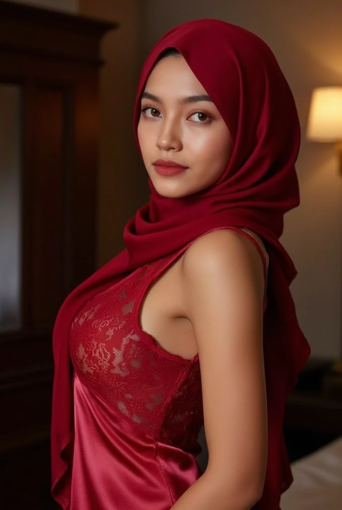 malaysian lady 18 years old, pale face, show breast,((hijab)) wear red hijab, natural, no make up, detailed on face, tight dress, very tight dress, realistic photo, serious face, model, hotel room, full body, big breast, hijab, ultra big breast, exotic ski...