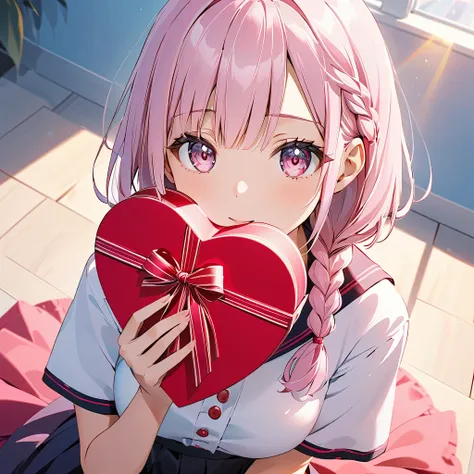 Valentine's Day vibe 、Figure holding a heart present box on the chest、Silver short bob、 partial braid hairstyle with one side up 、 pink eye、 Pinkish Translucent Eyes 、Eyes with enchanting beauty、 Big Anime Eyes 、Detailed face、 clear skin、 Seated Girl Pose ...