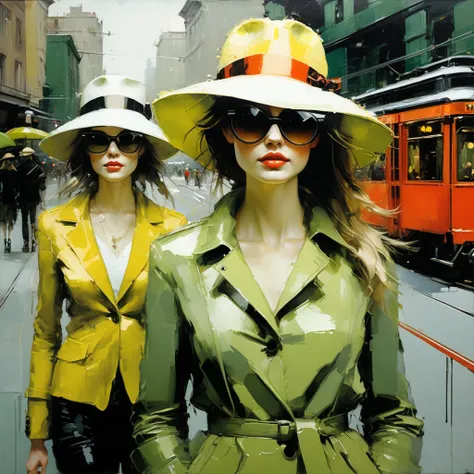 ABSTRACT Painting, TWO GIRLS. in a hat and sunglasses.....A SOFT YELLOW TRAM, ON THE STREET,, PLAY OF COLOR, GREEN, YELLOW, VE RED, SALMON..GRAY OCHRE AND BLACK....jeremy mann style, jeremy mann art, jeremy mann painting, alessandro pautasso art, painting ...