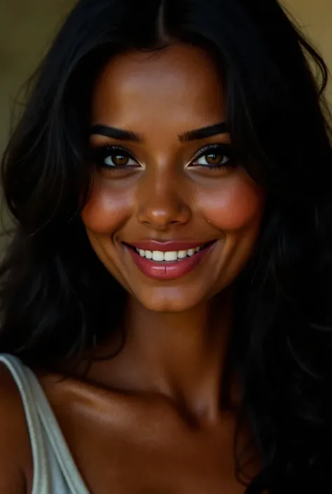  Hyper-realistic portrait of a brown-skinned woman with features that resemble an Indian .  She has light brown almond-shaped eyes , with a sexy and seductive smile,  that confers an enigmatic charm .  Her dark hair ,  falling in soft waves , accentuate he...