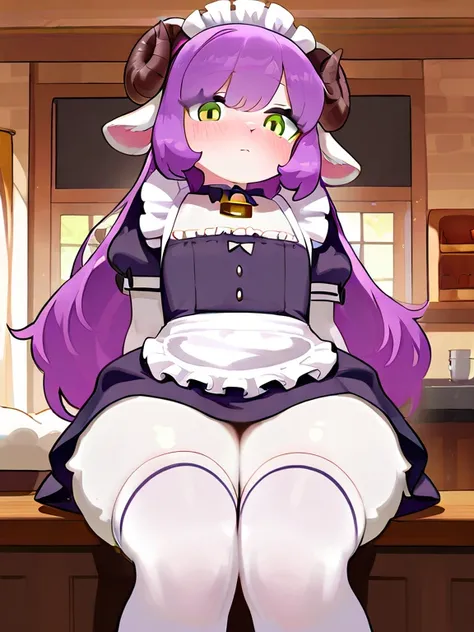  better quality， Masterpiece ,guy ram，( thick hips ,  thick) (maid skirt )，(( white stockings， White knee-length socks , maid dress)，(19 years old)  flat chest, (( purple long hair facial features， ram body features ，fluffy white body ))，((sheep horns))， g...