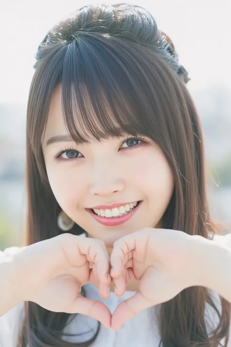  Super Fine、 up of her face 、 and she has a smile showing her teeth,  is wearing off-shoulder, makes a heart shape with both hands、 background is simple 、   high image quality、細部にわたって  high image quality