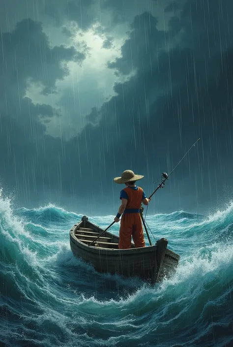 Goku dressed as a fisherman sailing in a boat going fishing in the middle of a storm