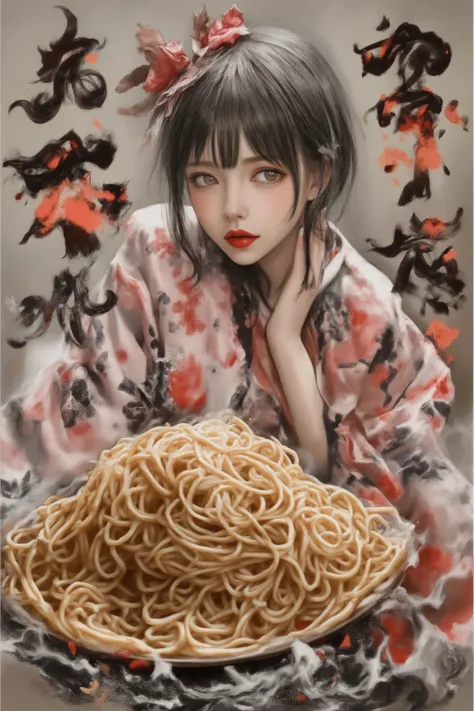 A girl teacher and students giving a lecture in a lecture room, a lecture about udon, a picture of a extreme huge bowl of gorgeous udon,The udon noodles are about 20 times bigger than her and steam is coming out in a very realistic depiction.,the large wor...