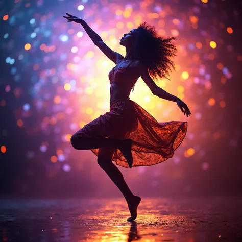 The woman is in a dance pose as if she is hanging in the air ,and in the background a dynamic ,  colorful composition with an energetic dance of light.  Warm shades of pink ,  blue ,  purple and gold permeate , creating a pulsating , radosną atmosferę afro...