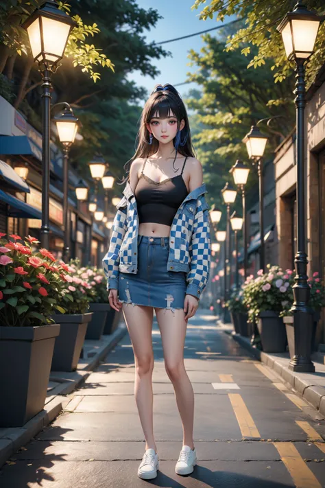 adorable woman, standing posed on parking lots, under the tree with flowers, many lamps equipped on tree, BREAK, (black hair, long straight hair, blue checkered hair ribbon), BREAK, ((blue-white checkered denim jacket, bare shoulder), ( black camisole), de...