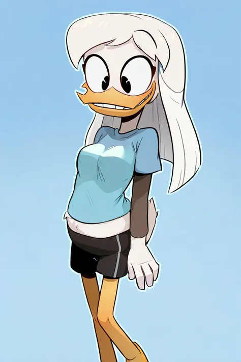 (masterpiece, best quality, very aesthetic, artist:sakura, blue background)(ducktales:1.2)(anthro duck)(della duck:1.2)(beak:1.1)(smiling:1.3)(white legs, solo:1.2)(black eyes, medium breasts:1.3)(white loose short-sleeved t-shirt, knee length black shorts...