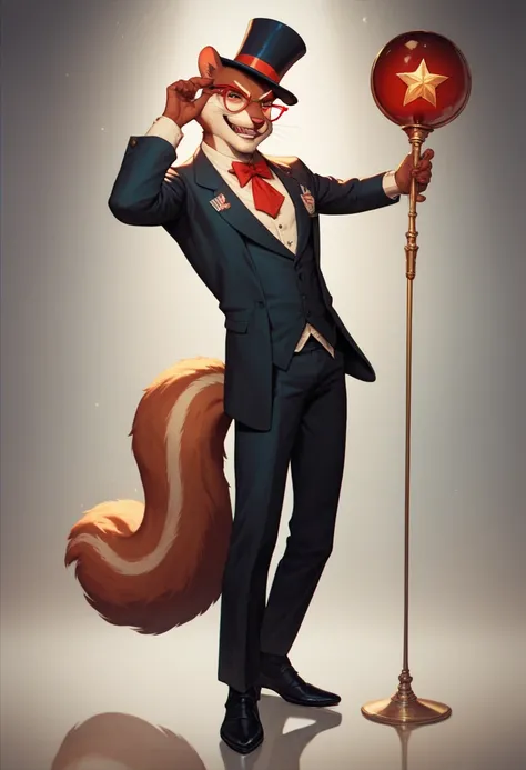 old fat furry squirrel male, wearing top hat and round red glasses, vintage, evil (concepet full body)
