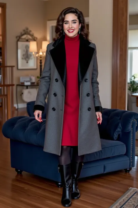 Full body view. pov eye level. Jennifer Connelly. Neck length hair styled in 1940s era Victory curls. sharply outlined and painted ruby red lips. dark blue eyeshadow. (Long and thick eyelash extensions:1.6).   wearing a red seasonal winter sweater dress.  ...