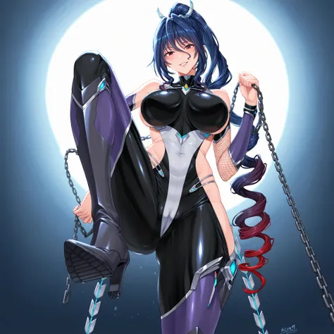 masterpiece, good quality, best quality, shadow, backlight,
Uehara Rin, holding chain, pulling chain,, standing,
1 girl, adult woman, solo, cowboy photo,
looking at viewer, confident, smiling, looking at viewer, flirting,
blue hair, long hair, hair between...