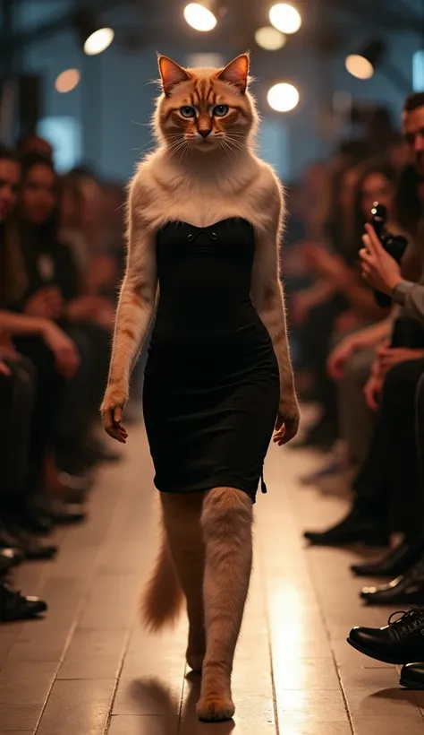 A noble breed cat, such as a Persian or Siamese, gracefully parades down a comfortable fashion catwalk, surrounded by paparazzi. The cat wears a basic black bodycon dress from Versace. The cat's coat/feline's impeccable and well-groomed coat exudes sophist...