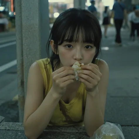 Tokyo at Night,live-action,Elementary school girl,Hairstyle with visible ears, has bangs, dirty yellow tank top, rough skin,On the side of the wall at the corner of the sidewalk ,Eating leftovers ,Figures in the background, shot from the waist 