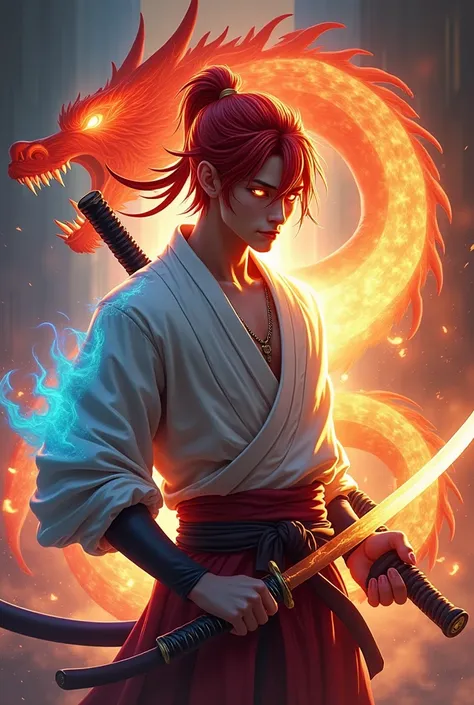 Create a game logo featuring a male ninja god in a golden white shirt, red hair with eyes releasing flames, holding a katana sword, wearing a costume like a god in heaven, with a blue, neon shadow on the back.\n and has the active gesture of a demon ninja ...