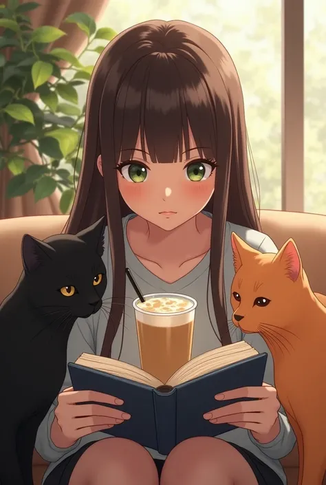 Darker brown hair, straigh long hair, WITHOUT BANGS, no hair on the face, with green eyes,reading books, drinking fancy ice latte coffee with two cats one black other orange