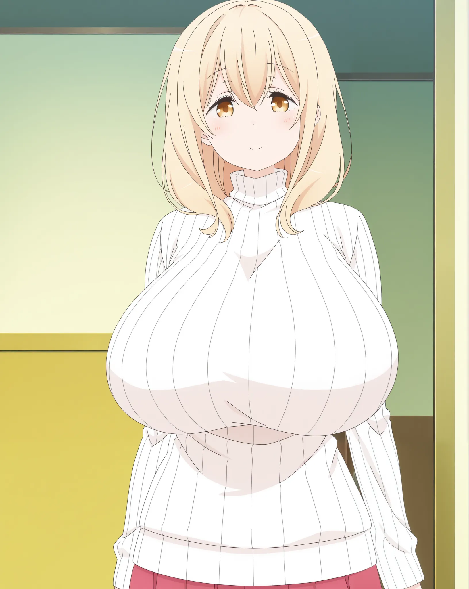 score_9, score_8_up, score_7_up, source_anime, anime coloring, anime screencap, 1 mature female, solo, Ayaka Sunohara (sunoharasou no kanrinin-san), blonde hair, medium hair, hair between eyes, yellow eyes, warm smile, white beautiful skin, gigantic breast...